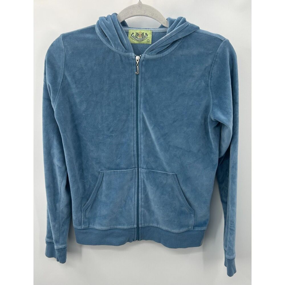Y2K Juicy Couture Velour Hoodie Track Jacket Blue Zip Up Women's Size L Flawed